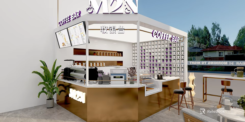 Modern Coffee Bar Design With Gold Counter Menu Boards Coffee Machines Bar Stools And Plants 3d model 