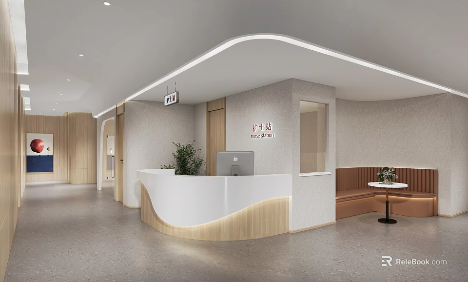 Modern Shower Sauna Reception With Curved Desk And Plants 3d model 
