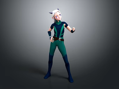 3D Fantasy Creature With White Hair Pointed Ears Green Bodysuit And Confident Stance 3d model