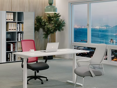 Modern Office Interior With Large Windows Ocean View Desk Laptop Chairs And Green Plant 3d model