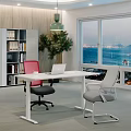 Modern Office Interior With Large Windows Ocean View Desk Laptop Chairs And Green Plant
