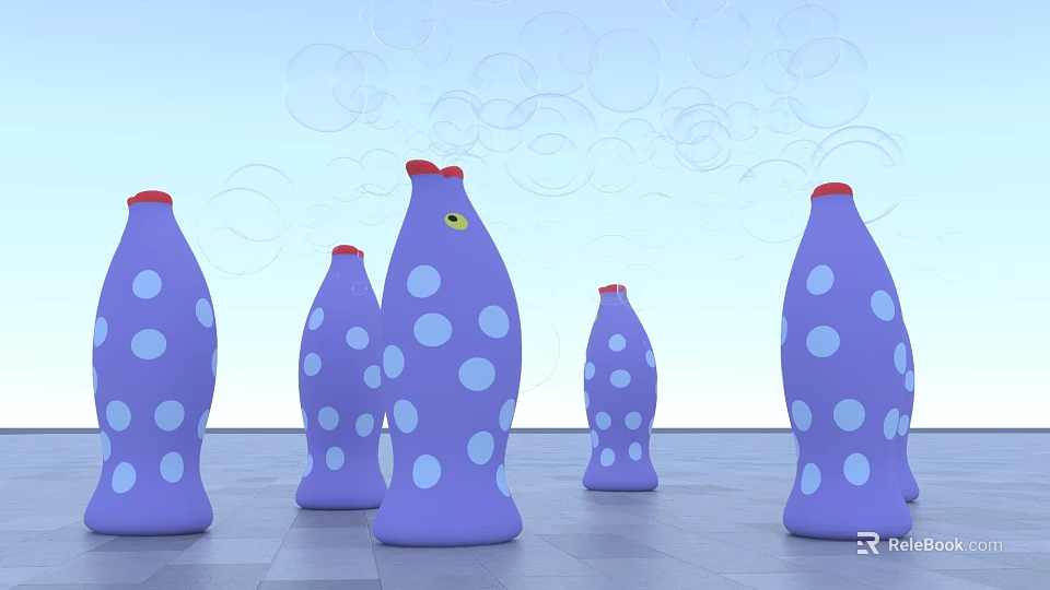 Purple Fish Shaped Art Installation With Blue Dots Red Tops Bubbles And Gray Floor 3d model 