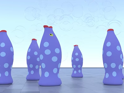 Purple Fish Shaped Art Installation With Blue Dots Red Tops Bubbles And Gray Floor 3d model
