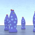 Purple Fish Shaped Art Installation With Blue Dots Red Tops Bubbles And Gray Floor