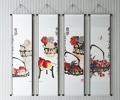 Traditional Chinese Scroll Paintings With Flower Baskets And Fruits Artwork 3d model
