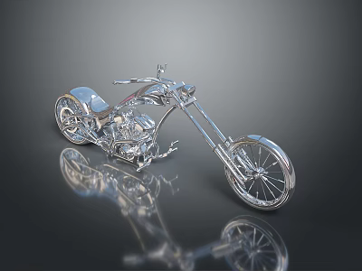 Silver Shiny Motorcycle Model Displayed on Black Smooth Surface with Clear Reflection 3d model