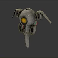 Futuristic Mechanical Device With Round Yellow Light Gray Body Wing Like Appendages And Green Accent