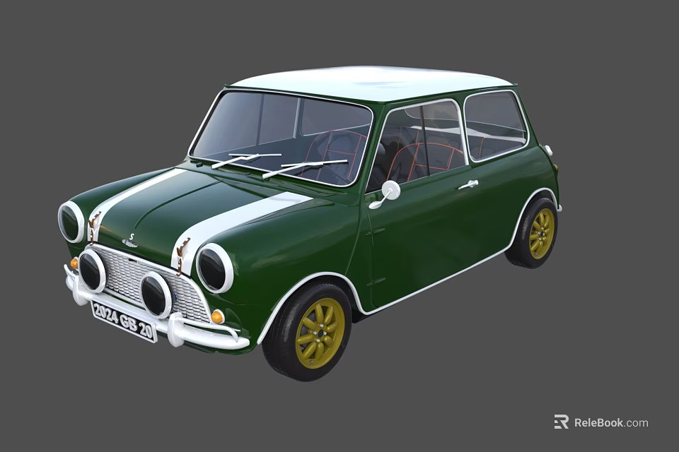 Classic Two Door Compact Green Car With White Roof Stripe And Yellow Wheels Design 3d model 