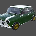 Classic Two Door Compact Green Car With White Roof Stripe And Yellow Wheels Design