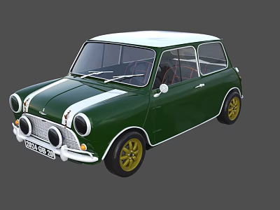 Classic Two Door Compact Green Car With White Roof Stripe And Yellow Wheels Design 3d model
