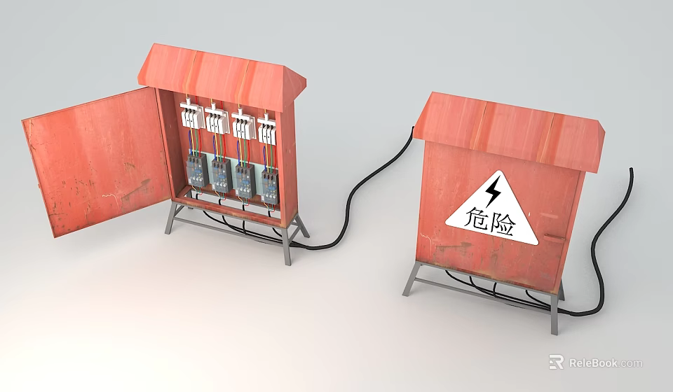 Industrial Electrical Distribution Box Red Metal Enclosure With Open Door Internal Switches And Warning Sign 3d model 