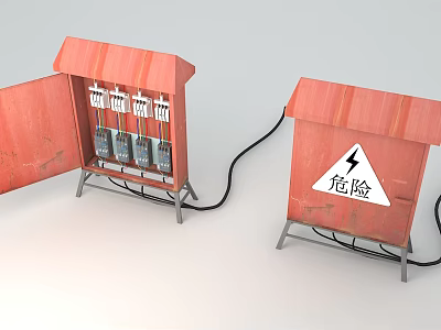 Industrial Electrical Distribution Box Red Metal Enclosure With Open Door Internal Switches And Warning Sign 3d model