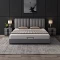 Gray Tufted Double Bed With Pillows Plaid Blanket Nightstands Lamps And Large Window City View