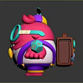 Colorful Pink Creature Cartoon Character Wearing Large Glasses Propeller Hat And Holding Blue Dice