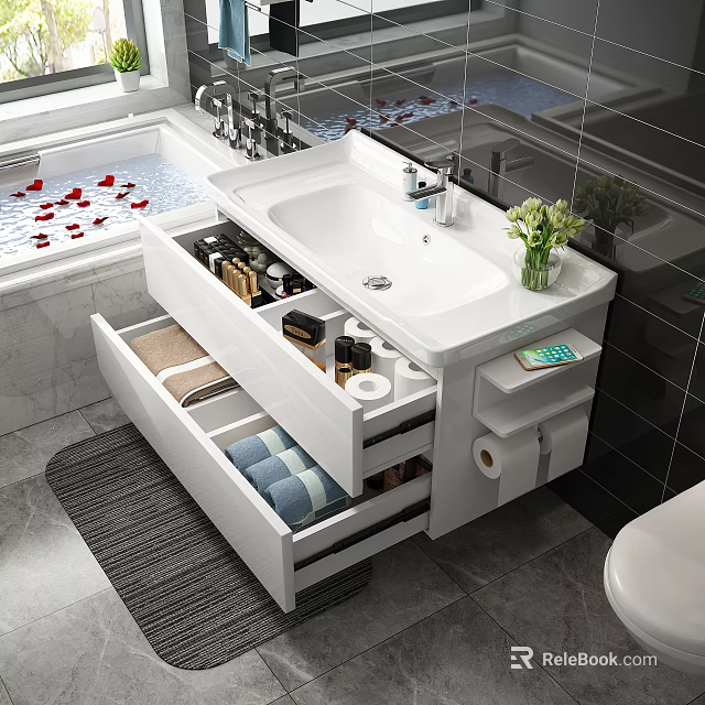 Bathroom Storage Cabinet With Drawers Organized Toiletries Sink Counter And Towel Storage 3d model 