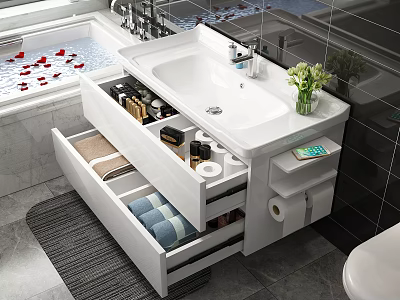 Bathroom Storage Cabinet With Drawers Organized Toiletries Sink Counter And Towel Storage 3d model