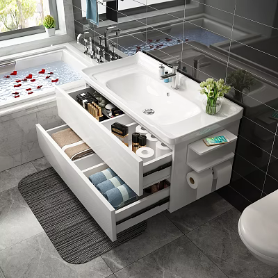 Bathroom Storage Cabinet With Drawers Organized Toiletries Sink Counter And Towel Storage 3d model