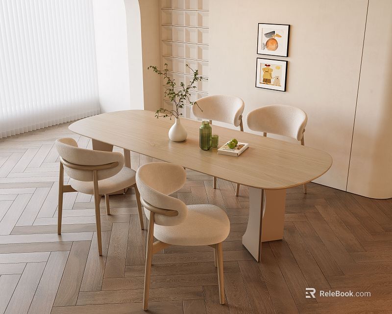 Light Colored Oval Dining Table With Chairs Vase Plants Green Bottle Fruit Plate Wall Art 3d model 