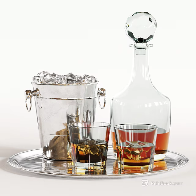 Elegant Glass Decanter and Whiskey Glasses with Ice Bucket and Cubes on Silver Tray 3d model 