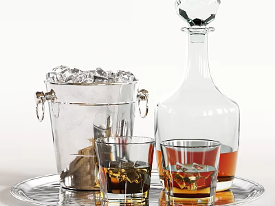 Elegant Glass Decanter and Whiskey Glasses with Ice Bucket and Cubes on Silver Tray 3d model