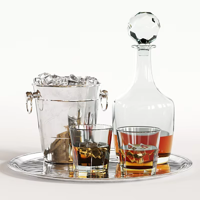 Elegant Glass Decanter and Whiskey Glasses with Ice Bucket and Cubes on Silver Tray 3d model