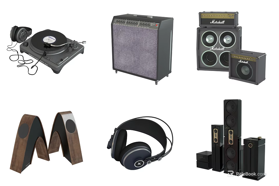 Headphones and Speakers Collection Featuring Over Ear Headphones Bookshelf Speakers and Turntable 3d model 