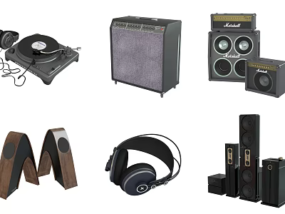 Headphones and Speakers Collection Featuring Over Ear Headphones Bookshelf Speakers and Turntable 3d model