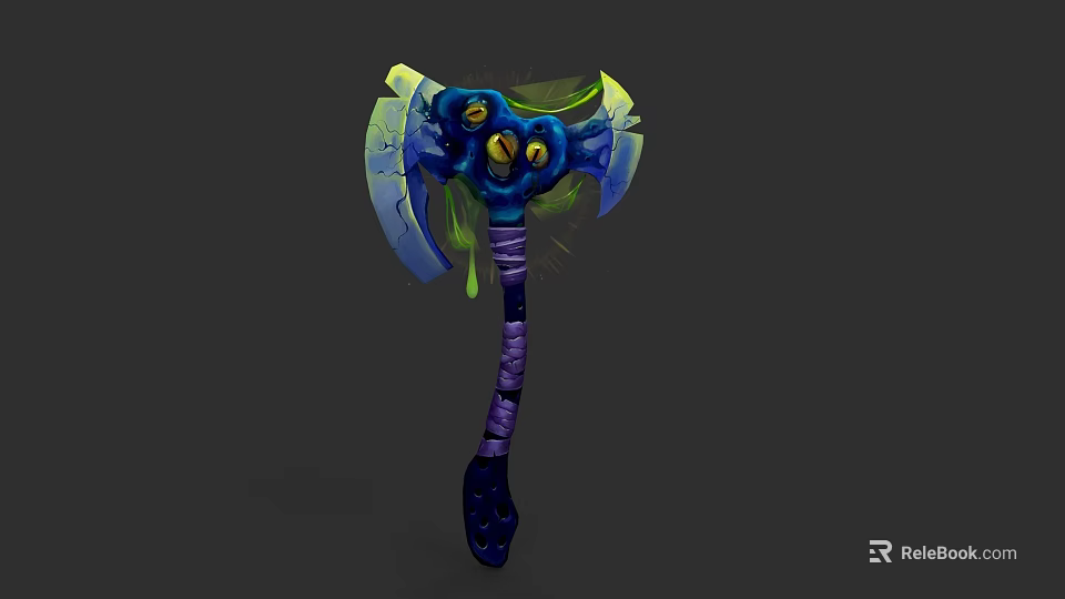 Fantasy Battle Axe Weapon With Blue Green Blades Purple Handle And Glowing Accents 3d model 