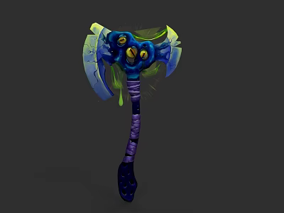 Fantasy Battle Axe Weapon With Blue Green Blades Purple Handle And Glowing Accents 3d model