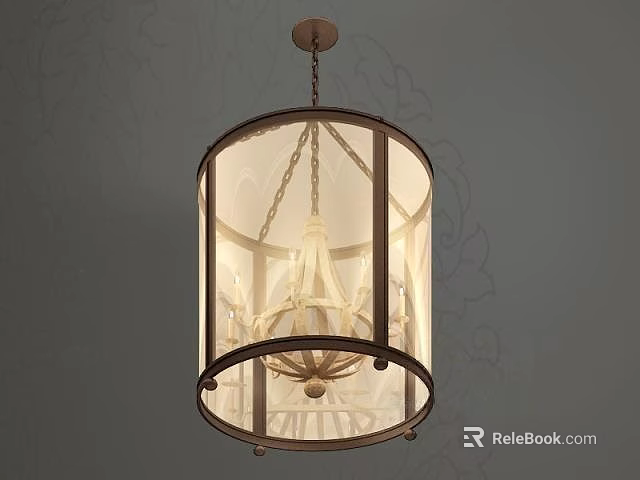 Classic Circular Frame Chandelier With White Lampshade And Candle Like Design 3d model 