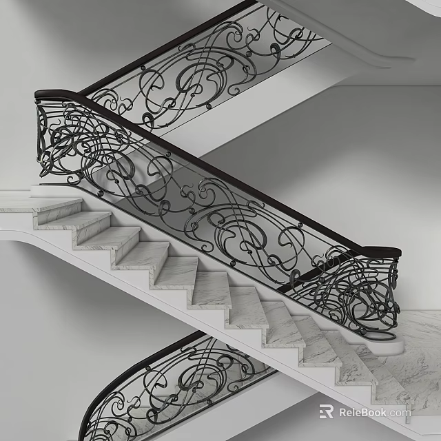 Elegant Staircase Design With Ornate Iron Railings And Polished White Marble Steps 3d model 