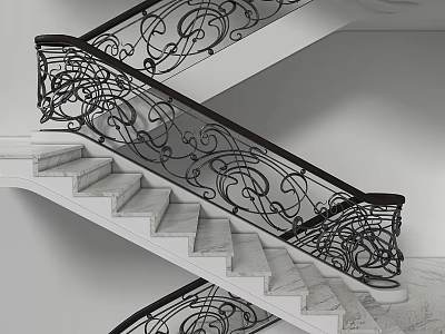 Elegant Staircase Design With Ornate Iron Railings And Polished White Marble Steps 3d model