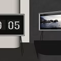 Modern Television on Stand Displaying Ocean Scenery With Digital Clock in Minimalist Room