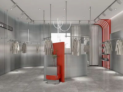 Modern Clothing Store Interior With Silver Walls Red Display Stand Clothing Racks And Curved Design 3d model