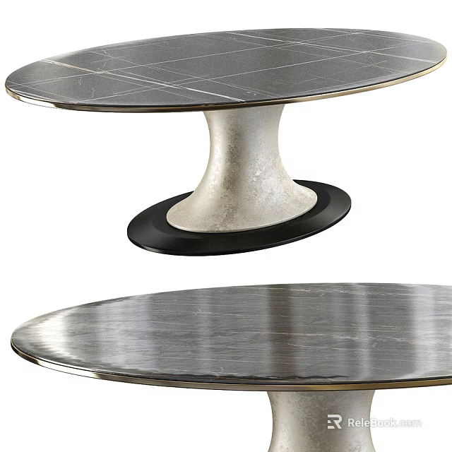 Modern Oval Coffee Table With Dark Wood Grain Top Gold Trim And White Pedestal Base 3d model 
