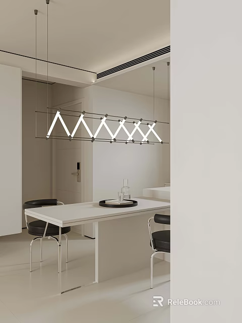 Modern Restaurant Interior With White Dining Table Black Chairs And Geometric Pendant Lights 3d model 