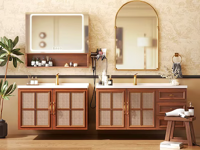 Modern Bathroom Vanity Set with Double Sinks Wooden Cabinets Grid Doors Lighted and Round Mirrors 3d model