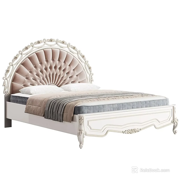 Elegant White Double Bed With Carved Tufted Upholstered Headboard And Striped Blanket 3d model 