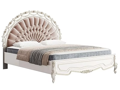 Elegant White Double Bed With Carved Tufted Upholstered Headboard And Striped Blanket 3d model
