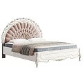 Elegant White Double Bed With Carved Tufted Upholstered Headboard And Striped Blanket