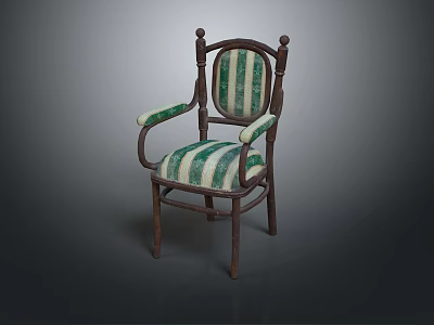 Wooden Frame Chair With Green And White Striped Upholstery And Decorative Armrests 3d model