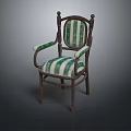 Wooden Frame Chair With Green And White Striped Upholstery And Decorative Armrests
