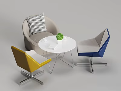 Modern Leisure Seating Arrangement with Yellow Blue Accent Chairs White Round Table and Green Plant 3d model