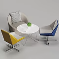 Modern Leisure Seating Arrangement with Yellow Blue Accent Chairs White Round Table and Green Plant