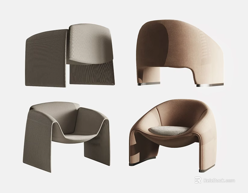 Modern Leisure Accent Chairs with Curved Design Soft Beige Gray Upholstery 3d model 