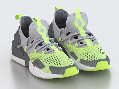 Gray And Neon Yellow Mesh Upper Sneakers With Breathable Design And White Sole 3d model