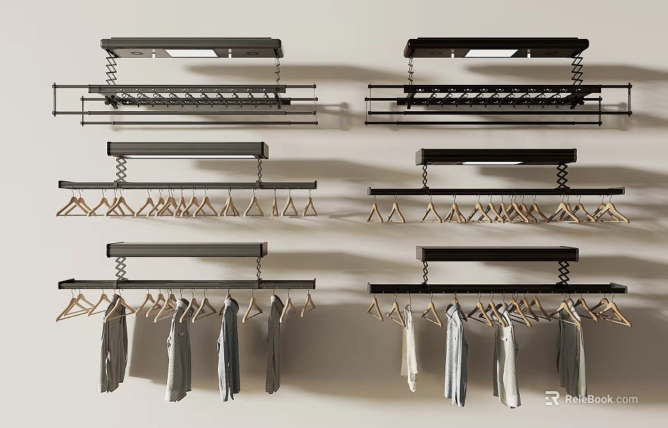 Stylish Metal Multi Row Wall Mounted Clothes Hangers Holding Various Garments 3d model 