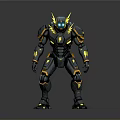 Futuristic Black And Yellow Mechanical Character With Glowing Blue Eyes And Armor