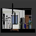 Cartoon Style Industrial Facility Interior With Pipes Blue White Tanks Control Panels And Wooden Door