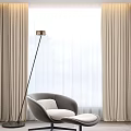 Modern Accent Chair with Floor Lamp Near Large Window Beige Curtains and Wooden Floor